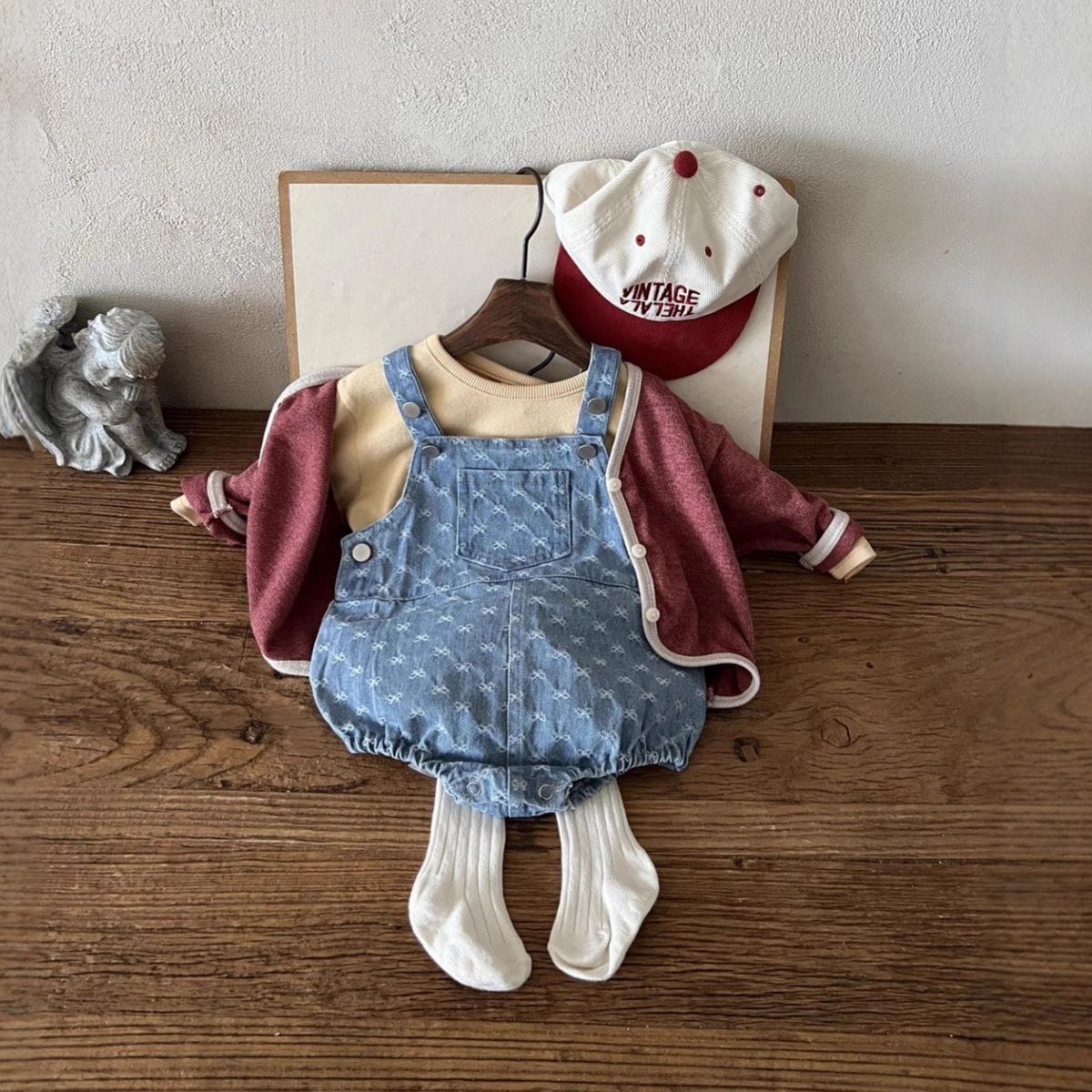 ノースリーブロンパース デニム サロペット ロンパース ジャガードリボン ポケット【mh0011352】