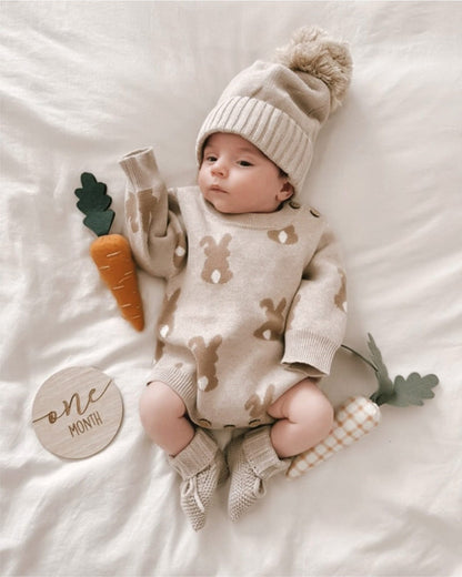 ロンパースセットアップ ジャガードニットロンパース うさぎ ニット帽 ぽんぽんニットキャップセット【mh0011354】