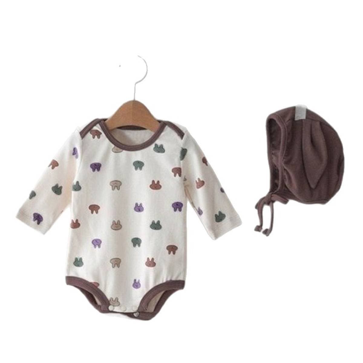 長袖ロンパース 長袖ロンパース コットン うさ耳ボンネット 帽子セット【mh0011357】