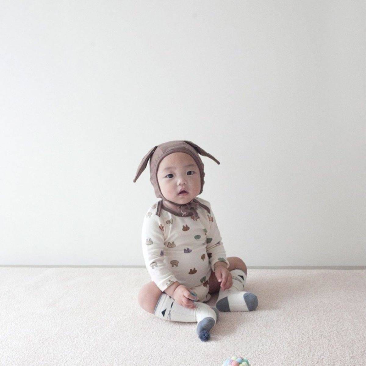長袖ロンパース 長袖ロンパース コットン うさ耳ボンネット 帽子セット【mh0011357】