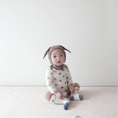 長袖ロンパース 長袖ロンパース コットン うさ耳ボンネット 帽子セット【mh0011357】