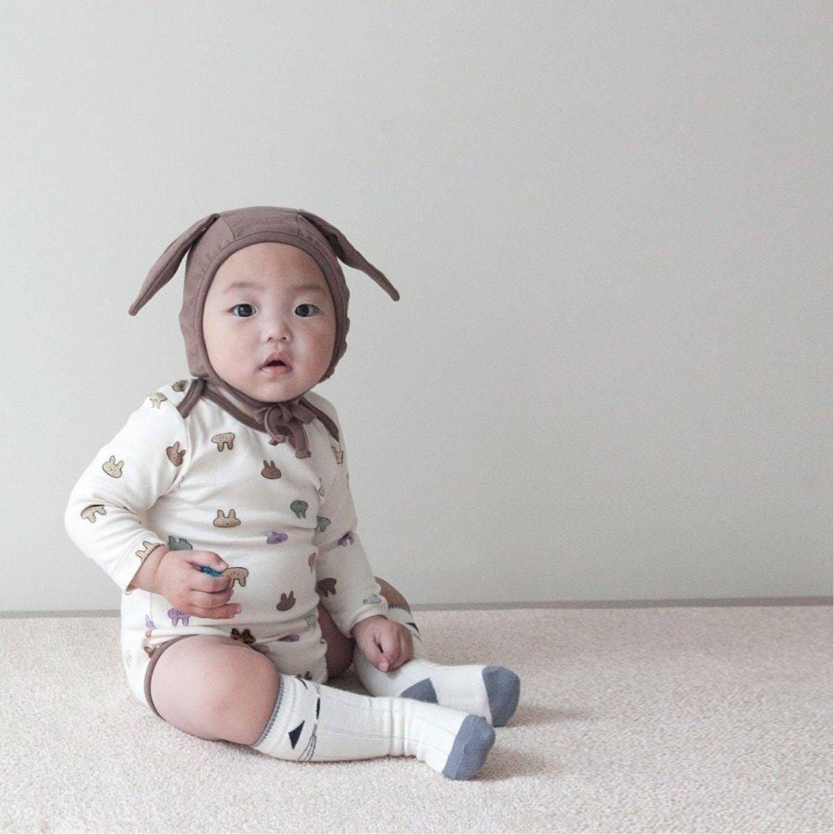 長袖ロンパース 長袖ロンパース コットン うさ耳ボンネット 帽子セット【mh0011357】