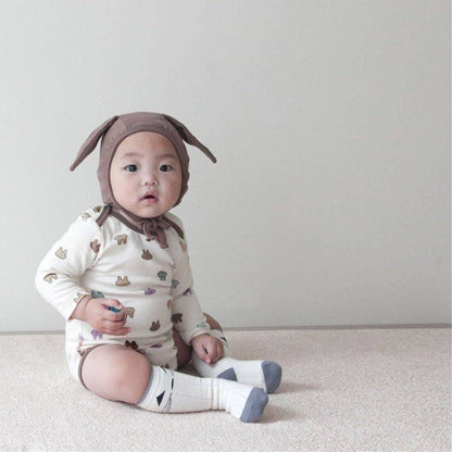 長袖ロンパース 長袖ロンパース コットン うさ耳ボンネット 帽子セット【mh0011357】