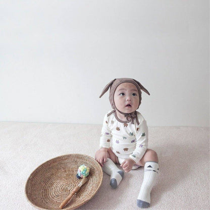 長袖ロンパース 長袖ロンパース コットン うさ耳ボンネット 帽子セット【mh0011357】