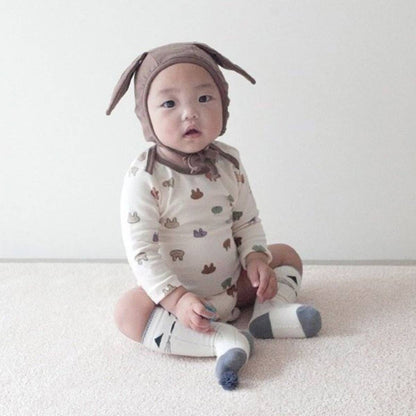 長袖ロンパース 長袖ロンパース コットン うさ耳ボンネット 帽子セット【mh0011357】