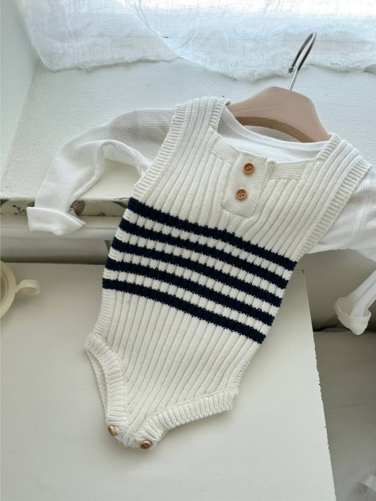 ノースリーブロンパース ノースリーブニットロンパース ボーダー柄 リブ編み【mh0011361】