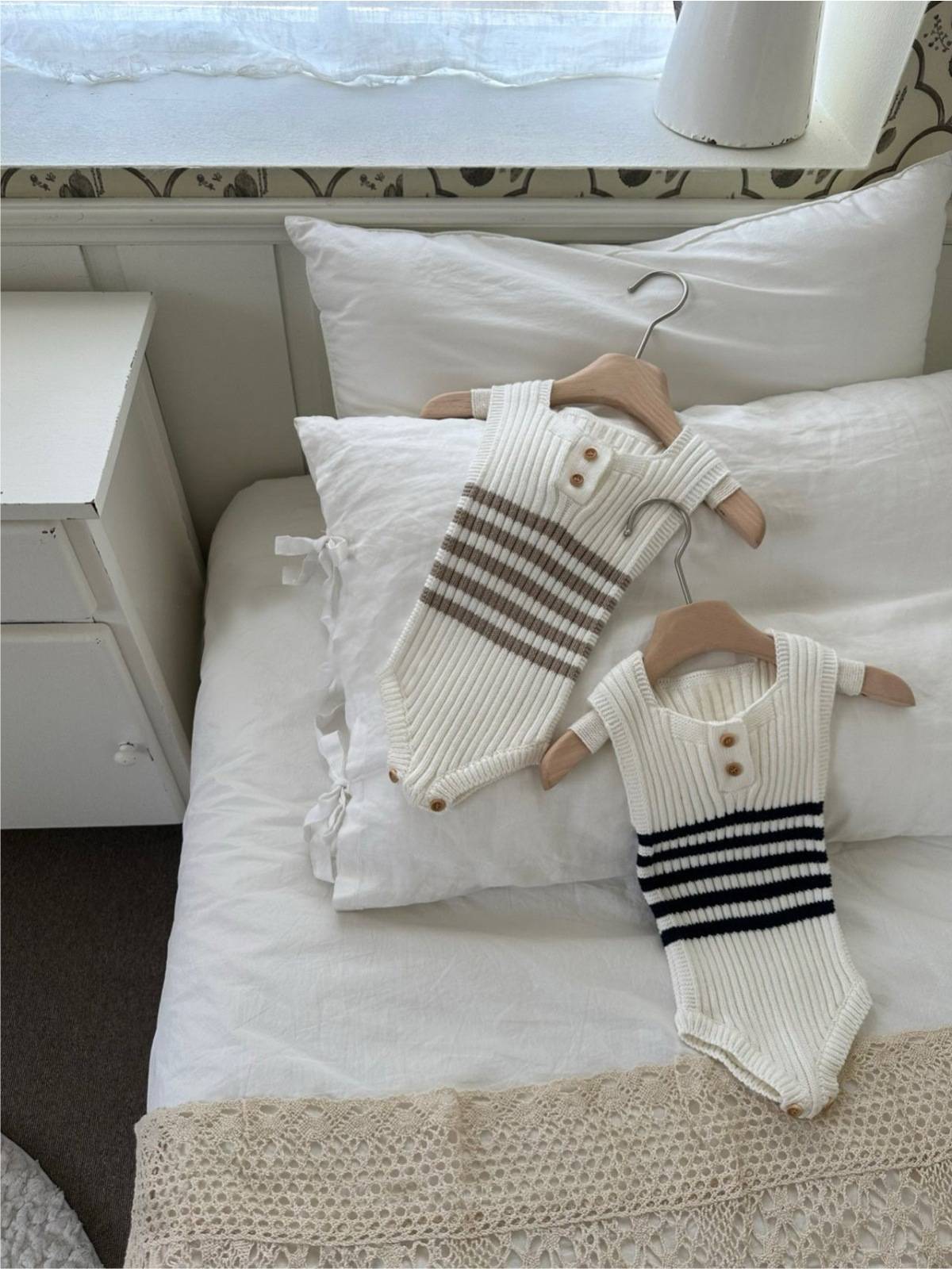 ノースリーブロンパース ノースリーブニットロンパース ボーダー柄 リブ編み【mh0011361】