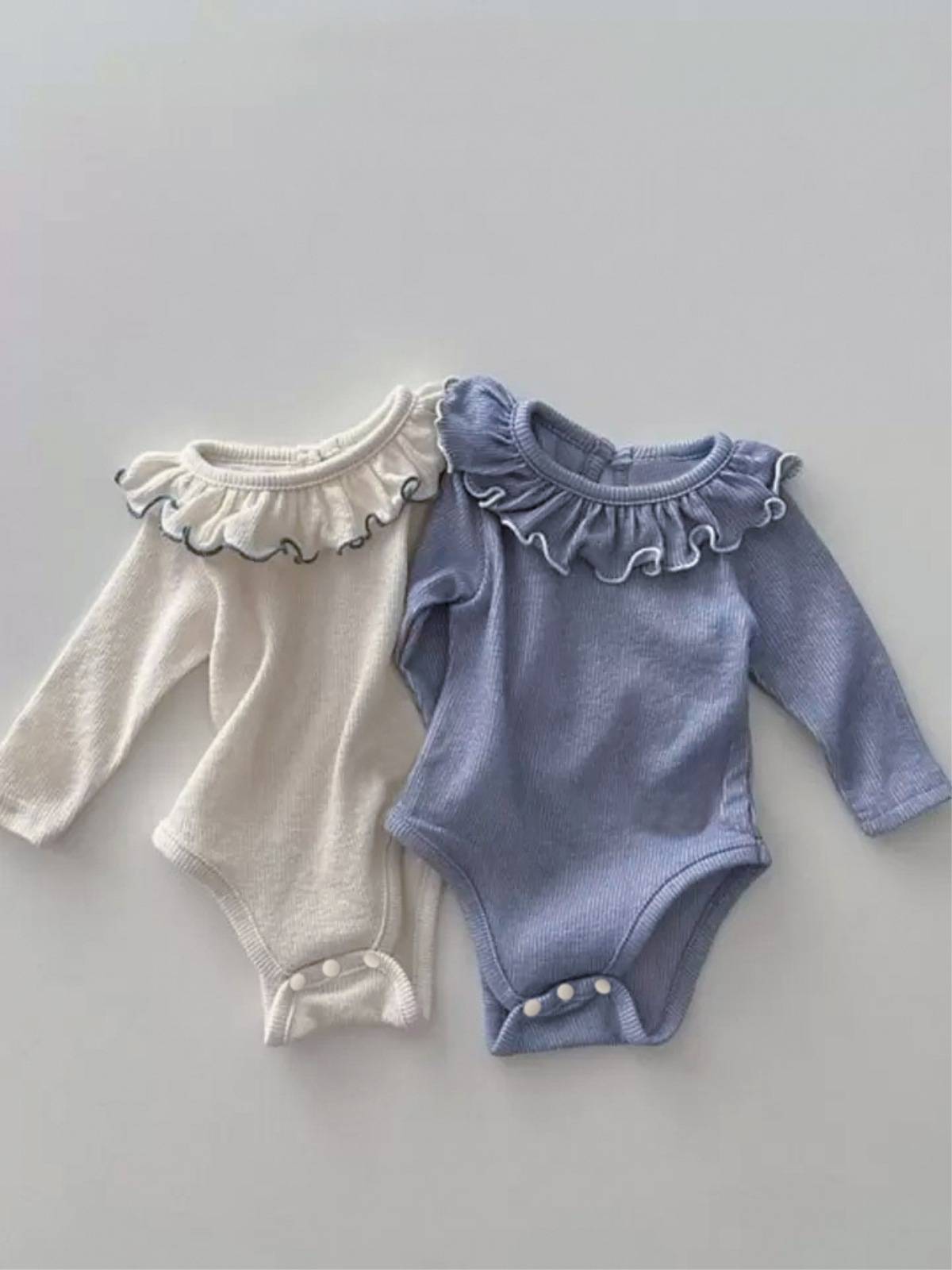 長袖ロンパース 長袖ロンパース フリルネック メロウフリル リブ素材 ボディスーツ【mh0011362】