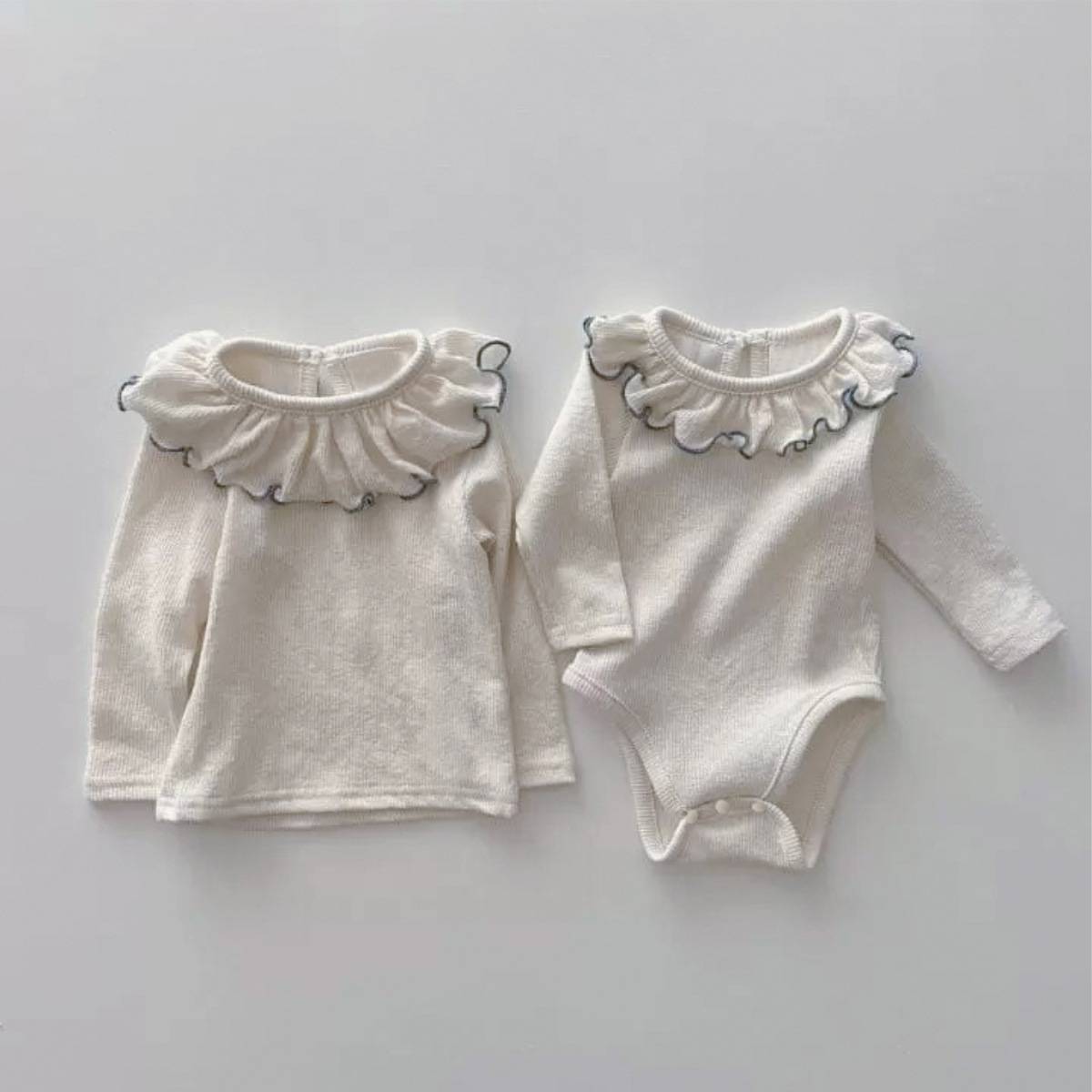 長袖ロンパース 長袖ロンパース フリルネック メロウフリル リブ素材 ボディスーツ【mh0011362】