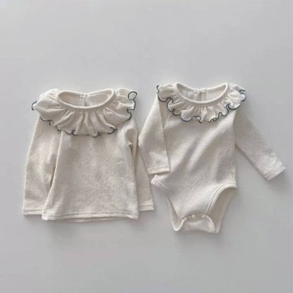 長袖ロンパース 長袖ロンパース フリルネック メロウフリル リブ素材 ボディスーツ【mh0011362】