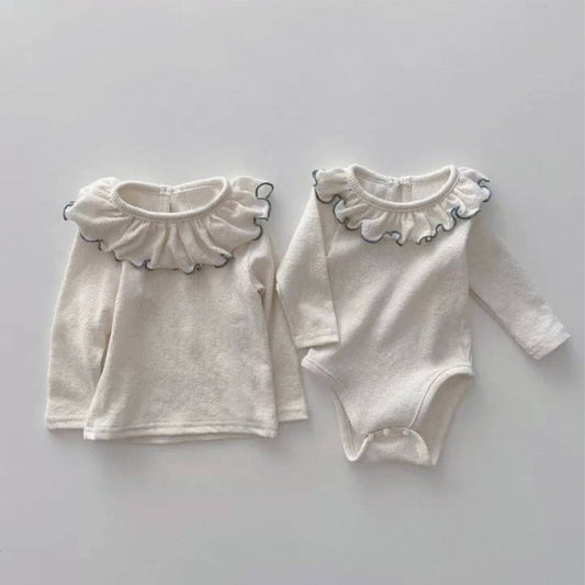 長袖ロンパース 長袖ロンパース フリルネック メロウフリル リブ素材 ボディスーツ【mh0011362】