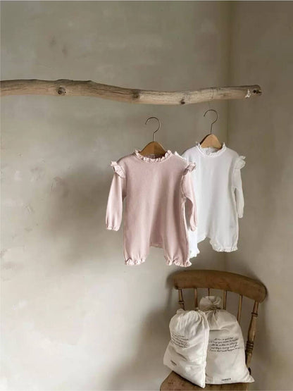 長袖ロンパース 長袖ロンパース ワッフル素材 フリルショルダー メロウフリル ボディスーツ【mh0011366】