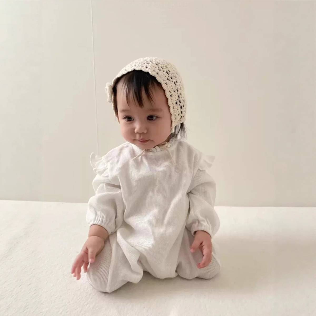 長袖ロンパース 長袖ロンパース ワッフル素材 フリルショルダー メロウフリル ボディスーツ【mh0011366】