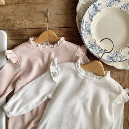 長袖ロンパース 長袖ロンパース ワッフル素材 フリルショルダー メロウフリル ボディスーツ【mh0011366】