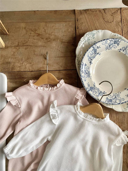 長袖ロンパース 長袖ロンパース ワッフル素材 フリルショルダー メロウフリル ボディスーツ【mh0011366】