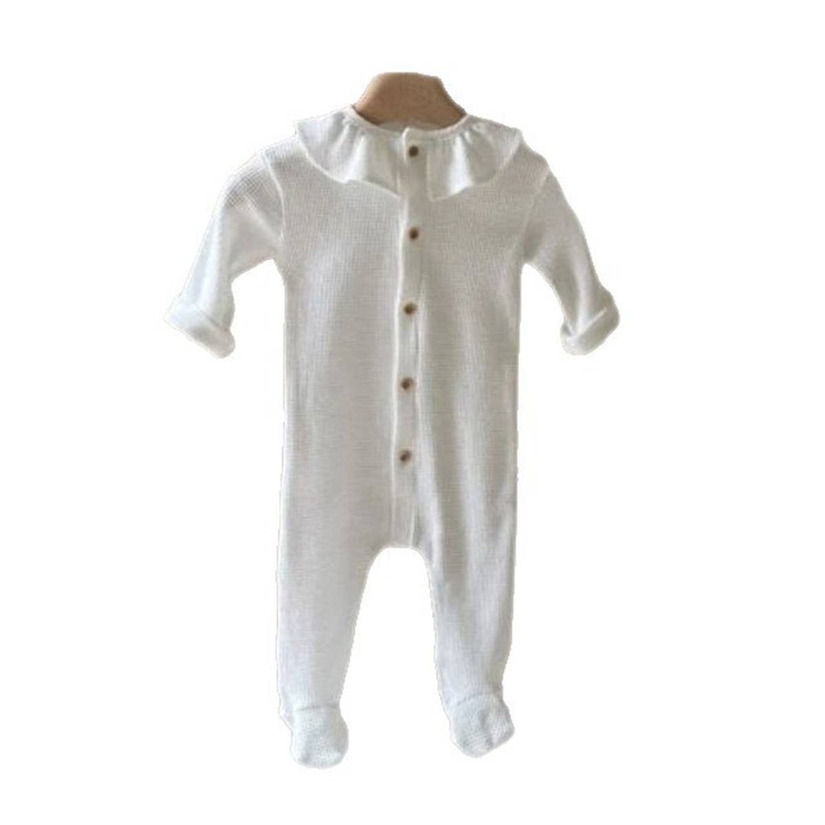 長袖ロンパース 長袖ロンパース ワッフル素材 フリル襟 前開き 足つき カバーオール【mh0011367】