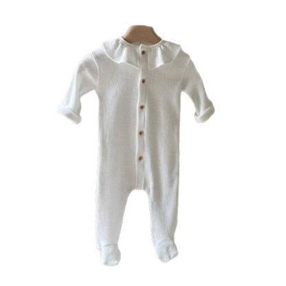 長袖ロンパース 長袖ロンパース ワッフル素材 フリル襟 前開き 足つき カバーオール【mh0011367】