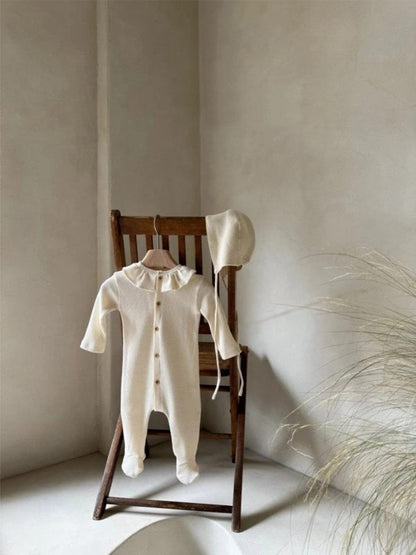 長袖ロンパース 長袖ロンパース ワッフル素材 フリル襟 前開き 足つき カバーオール【mh0011367】