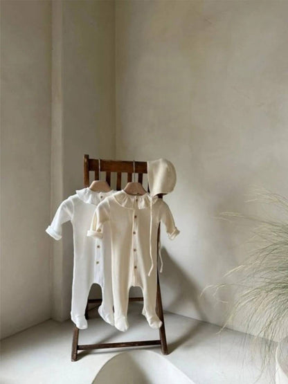 長袖ロンパース 長袖ロンパース ワッフル素材 フリル襟 前開き 足つき カバーオール【mh0011367】