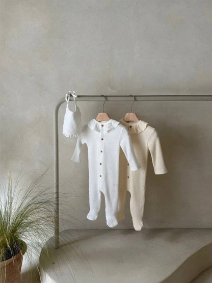 長袖ロンパース 長袖ロンパース ワッフル素材 フリル襟 前開き 足つき カバーオール【mh0011367】