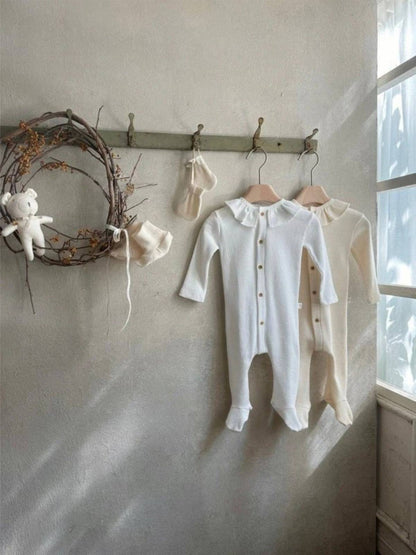 長袖ロンパース 長袖ロンパース ワッフル素材 フリル襟 前開き 足つき カバーオール【mh0011367】