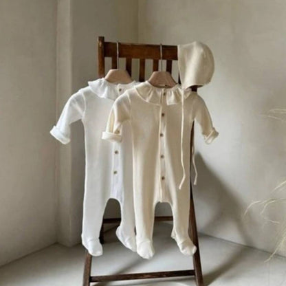 長袖ロンパース 長袖ロンパース ワッフル素材 フリル襟 前開き 足つき カバーオール【mh0011367】