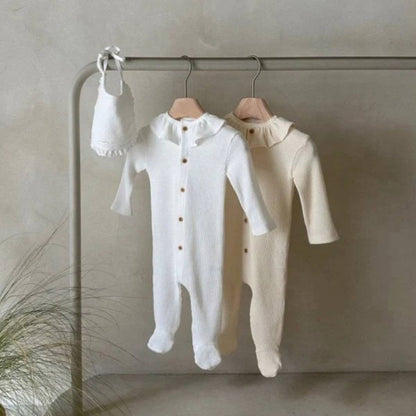 長袖ロンパース 長袖ロンパース ワッフル素材 フリル襟 前開き 足つき カバーオール【mh0011367】