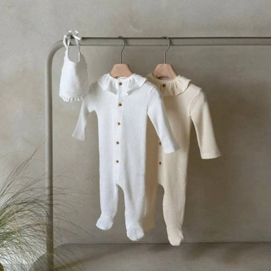 長袖ロンパース 長袖ロンパース ワッフル素材 フリル襟 前開き 足つき カバーオール【mh0011367】