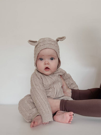 長袖ロンパース 長袖ロンパース ニット素材 ケーブル編み ベアくま耳フード カバーオール【mh0011368】