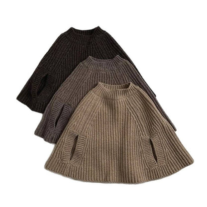 カーディガン・パーカー ニットポンチョ マント リブ編み ハイネック 袖穴付き アウター【mh0011370】