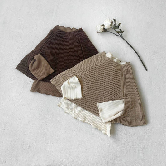 カーディガン・パーカー ニットポンチョ マント リブ編み ハイネック 袖穴付き アウター【mh0011370】