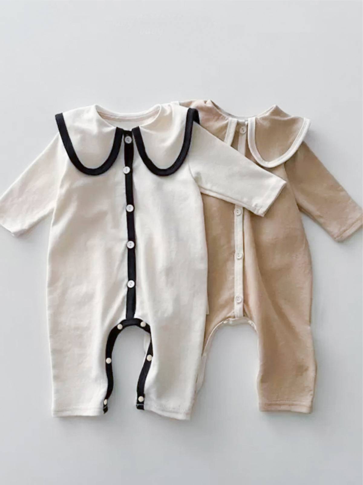 長袖ロンパース 長袖ロンパース ビッグ襟 パイピング 前開きスナップボタン カバーオール【mh0011371】