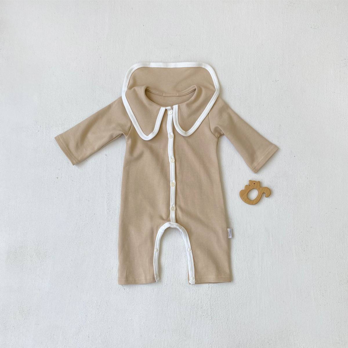 長袖ロンパース 長袖ロンパース ビッグ襟 パイピング 前開きスナップボタン カバーオール【mh0011371】