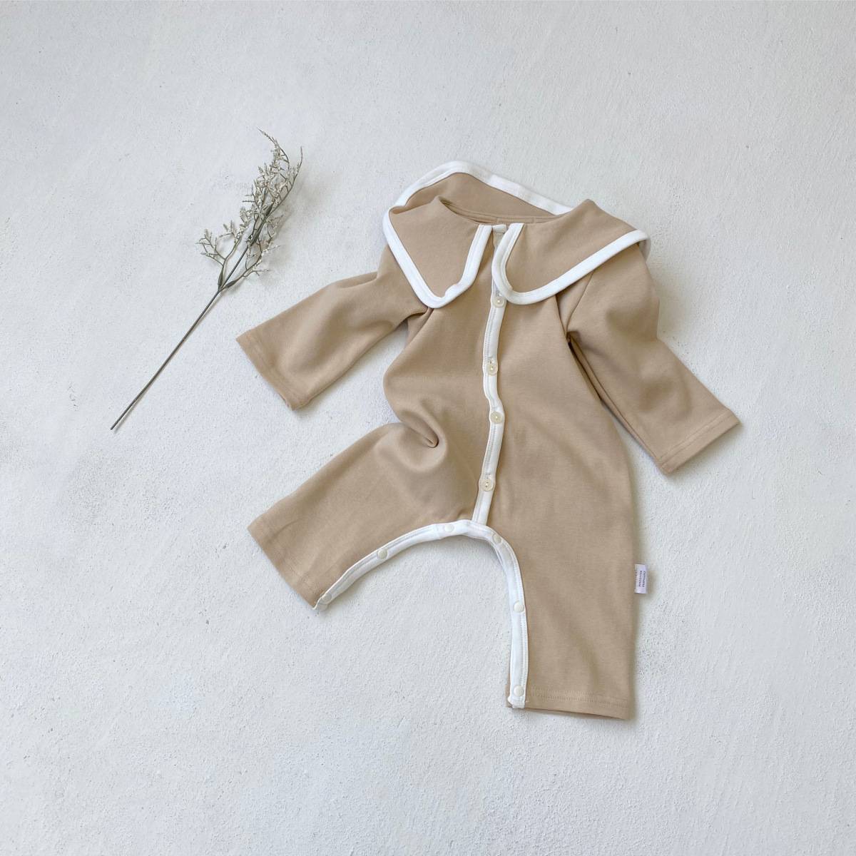 長袖ロンパース 長袖ロンパース ビッグ襟 パイピング 前開きスナップボタン カバーオール【mh0011371】