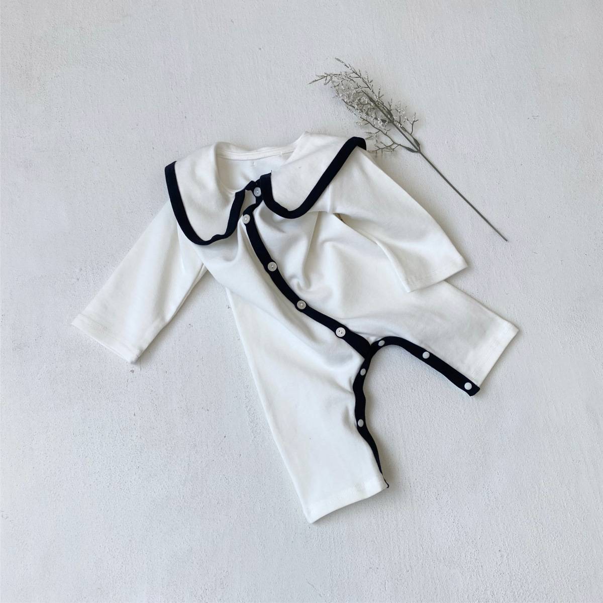 長袖ロンパース 長袖ロンパース ビッグ襟 パイピング 前開きスナップボタン カバーオール【mh0011371】