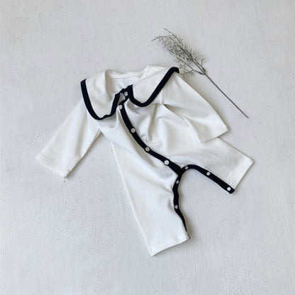 長袖ロンパース 長袖ロンパース ビッグ襟 パイピング 前開きスナップボタン カバーオール【mh0011371】