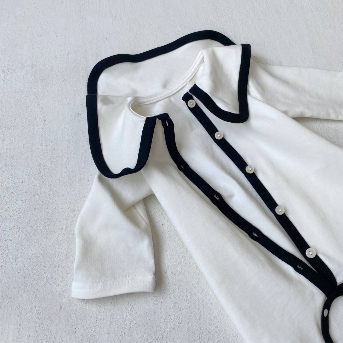 長袖ロンパース 長袖ロンパース ビッグ襟 パイピング 前開きスナップボタン カバーオール【mh0011371】