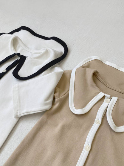 長袖ロンパース 長袖ロンパース ビッグ襟 パイピング 前開きスナップボタン カバーオール【mh0011371】