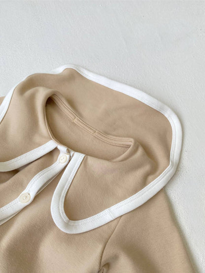 長袖ロンパース 長袖ロンパース ビッグ襟 パイピング 前開きスナップボタン カバーオール【mh0011371】