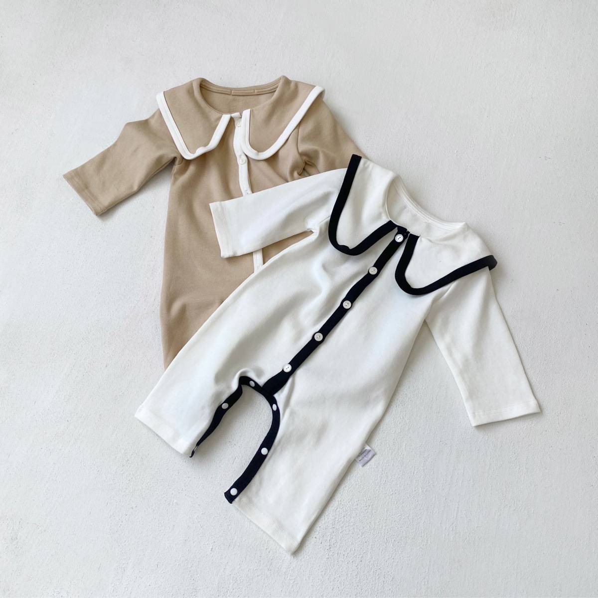 長袖ロンパース 長袖ロンパース ビッグ襟 パイピング 前開きスナップボタン カバーオール【mh0011371】