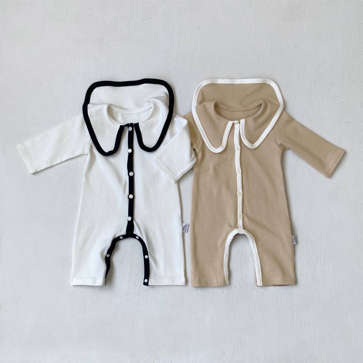 長袖ロンパース 長袖ロンパース ビッグ襟 パイピング 前開きスナップボタン カバーオール【mh0011371】