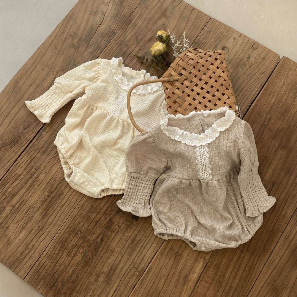 長袖ロンパース 長袖フリル襟ロンパース | レース花柄ジャガード | バルーンスリーブベビー服【mh0011491】