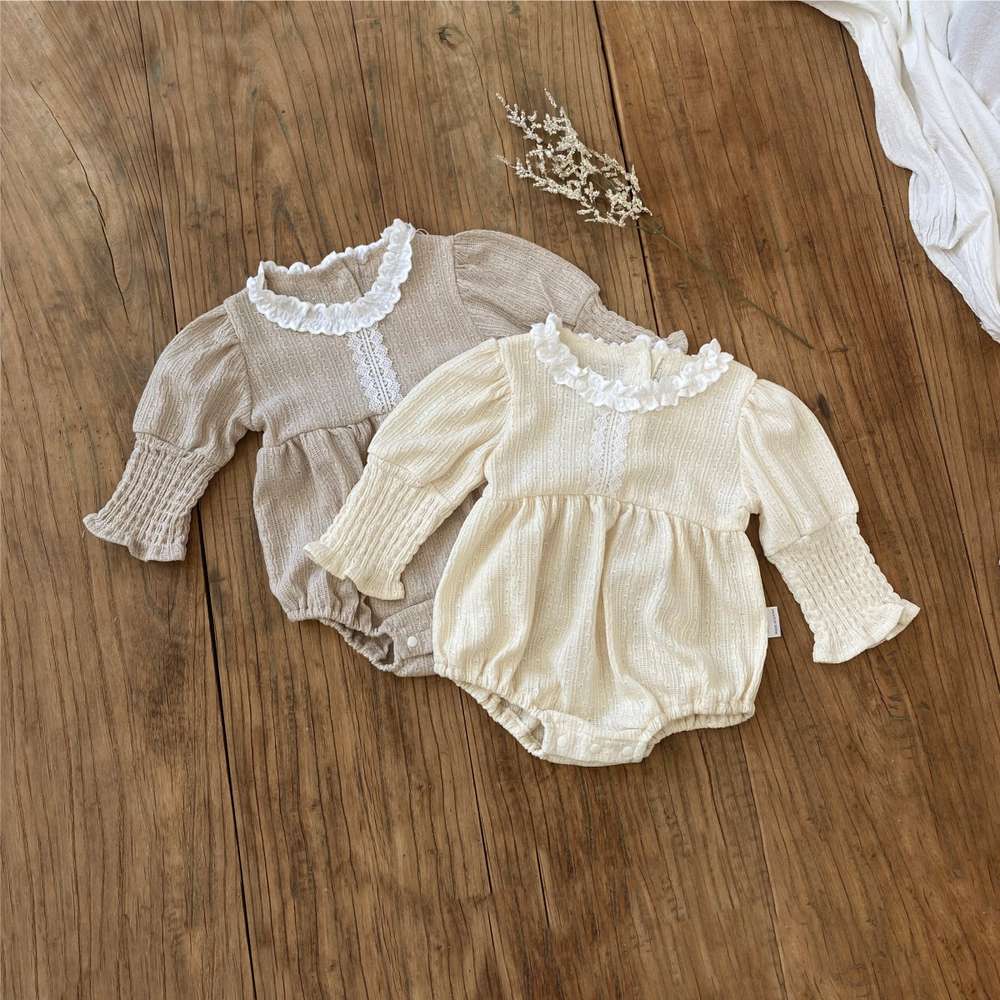 長袖ロンパース 長袖フリル襟ロンパース | レース花柄ジャガード | バルーンスリーブベビー服【mh0011491】