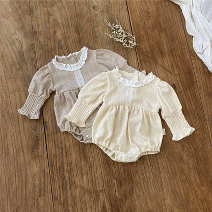 長袖ロンパース 長袖フリル襟ロンパース | レース花柄ジャガード | バルーンスリーブベビー服【mh0011491】