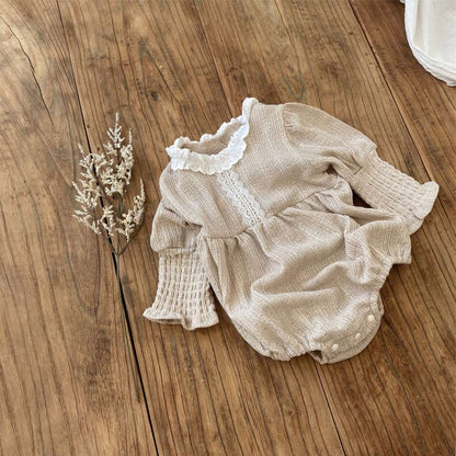 長袖ロンパース 長袖フリル襟ロンパース | レース花柄ジャガード | バルーンスリーブベビー服【mh0011491】