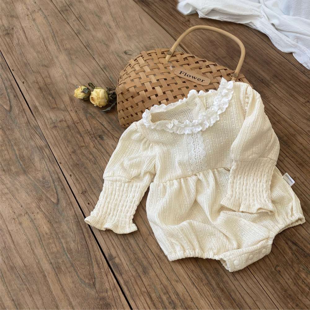 長袖ロンパース 長袖フリル襟ロンパース | レース花柄ジャガード | バルーンスリーブベビー服【mh0011491】