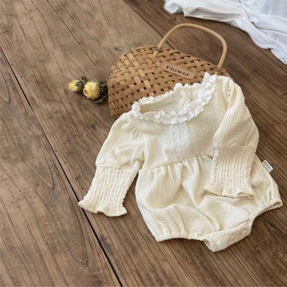 長袖ロンパース 長袖フリル襟ロンパース | レース花柄ジャガード | バルーンスリーブベビー服【mh0011491】