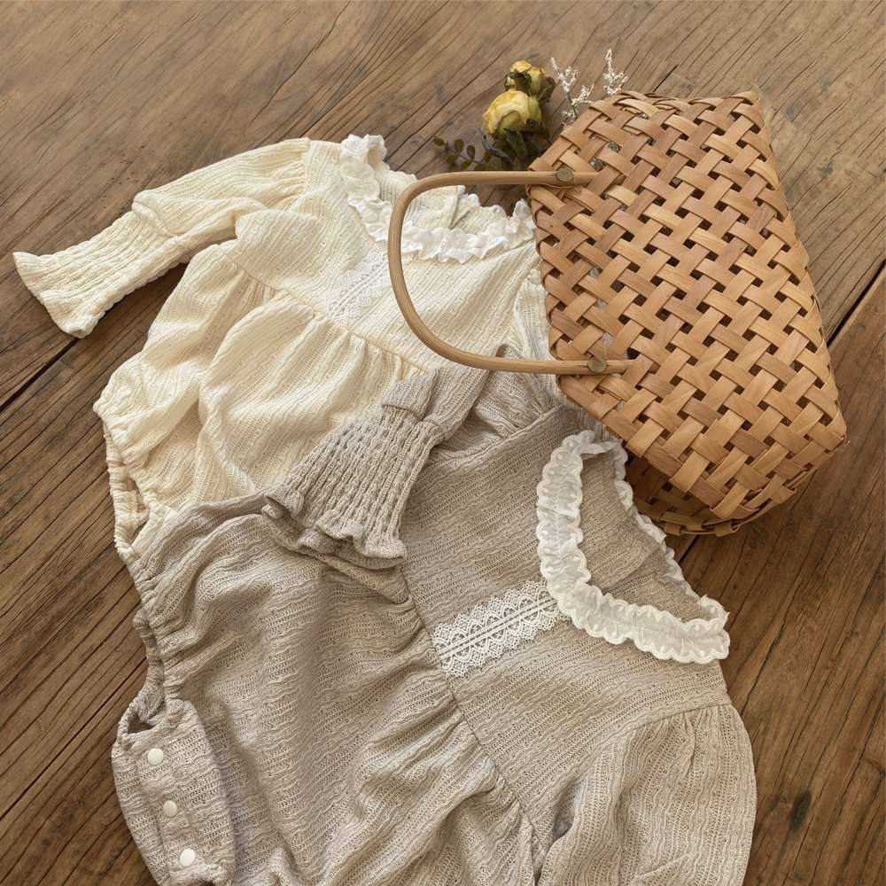 長袖ロンパース 長袖フリル襟ロンパース | レース花柄ジャガード | バルーンスリーブベビー服【mh0011491】