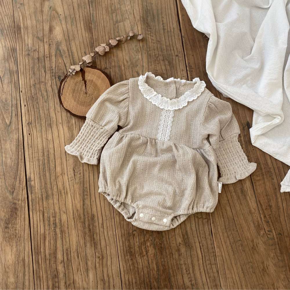 長袖ロンパース 長袖フリル襟ロンパース | レース花柄ジャガード | バルーンスリーブベビー服【mh0011491】