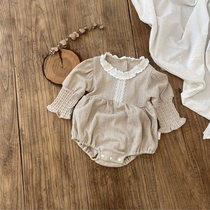 長袖ロンパース 長袖フリル襟ロンパース | レース花柄ジャガード | バルーンスリーブベビー服【mh0011491】